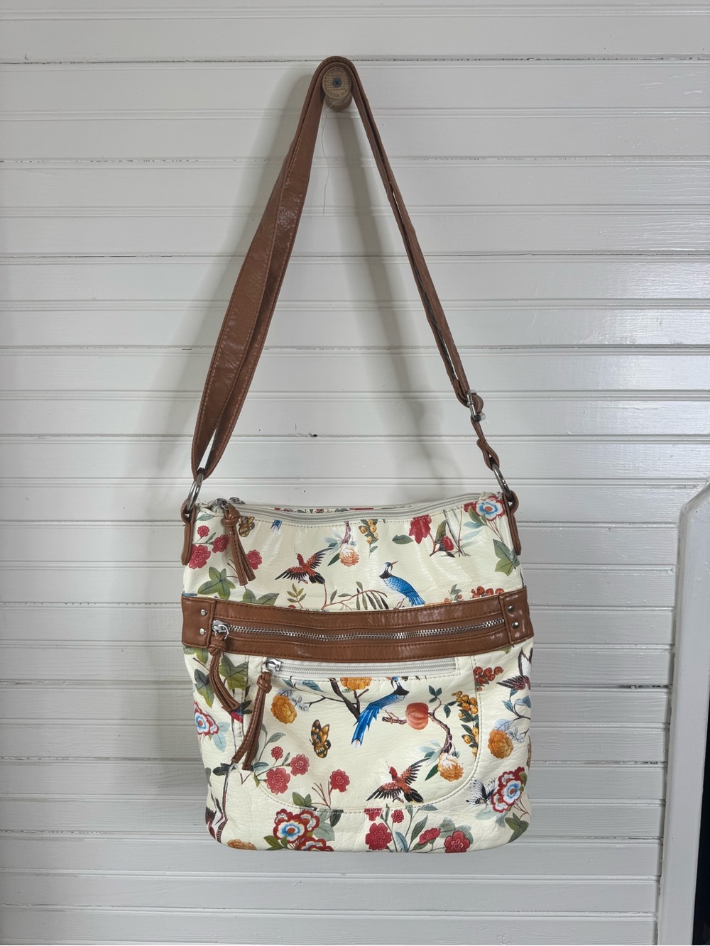 Floral Bird Print Crossbody Shoulder Bag in Brown & Cream